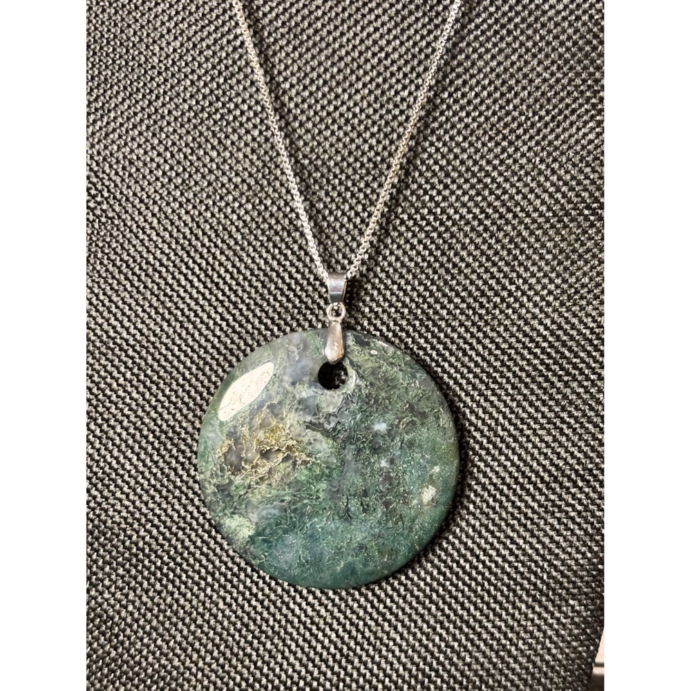 Large Moss Agate Disc Pendant Necklace Stainless Steel Box Chain Green Stone